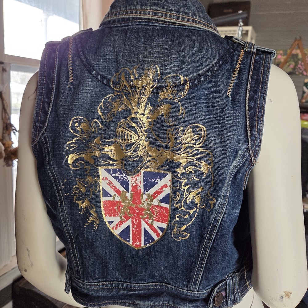 Papaya Blue Jean Jacket with Gold and Red Accents